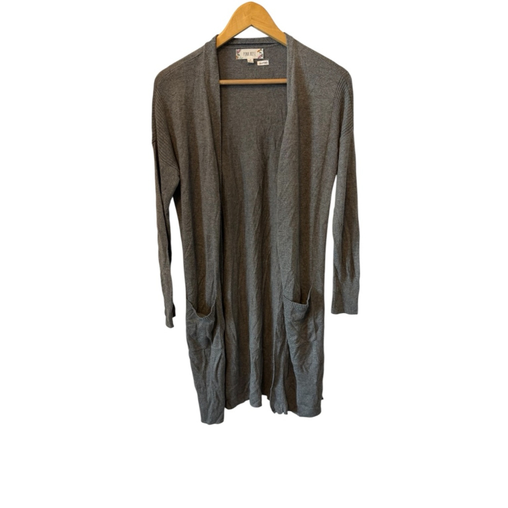Pink Rose Gray Long Open Front Cardigan Women’s Small Lightweight Duster Pockets